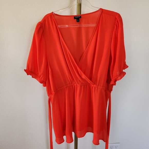 Torrid 3X Georgette Surplice Puff Sleeve Blouse Orange Short Sleeve With Tie - Picture 2 of 7